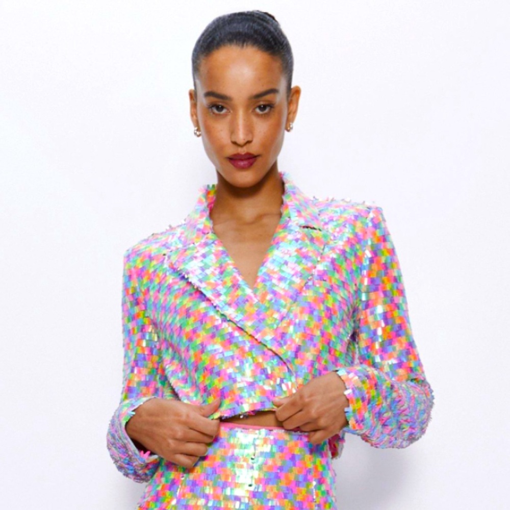 Nasty Gal Multi Color Cropped Sequin Blazer SZ.6